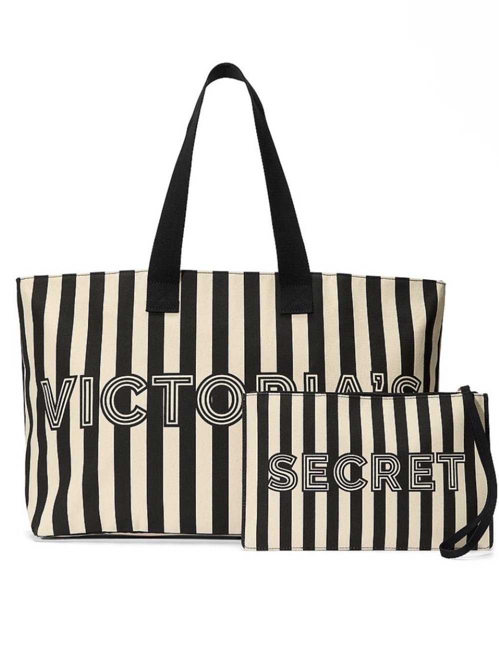 Victoria's Secret Black & Cream Vertical Stripe Tote with Zip Pouch